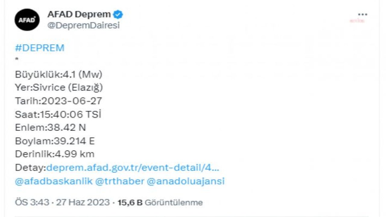 ELAZIĞ’IN SİVRİCE İLÇESİNDE 4.1 BÜYÜKLÜĞÜNDE DEPREM OLDU