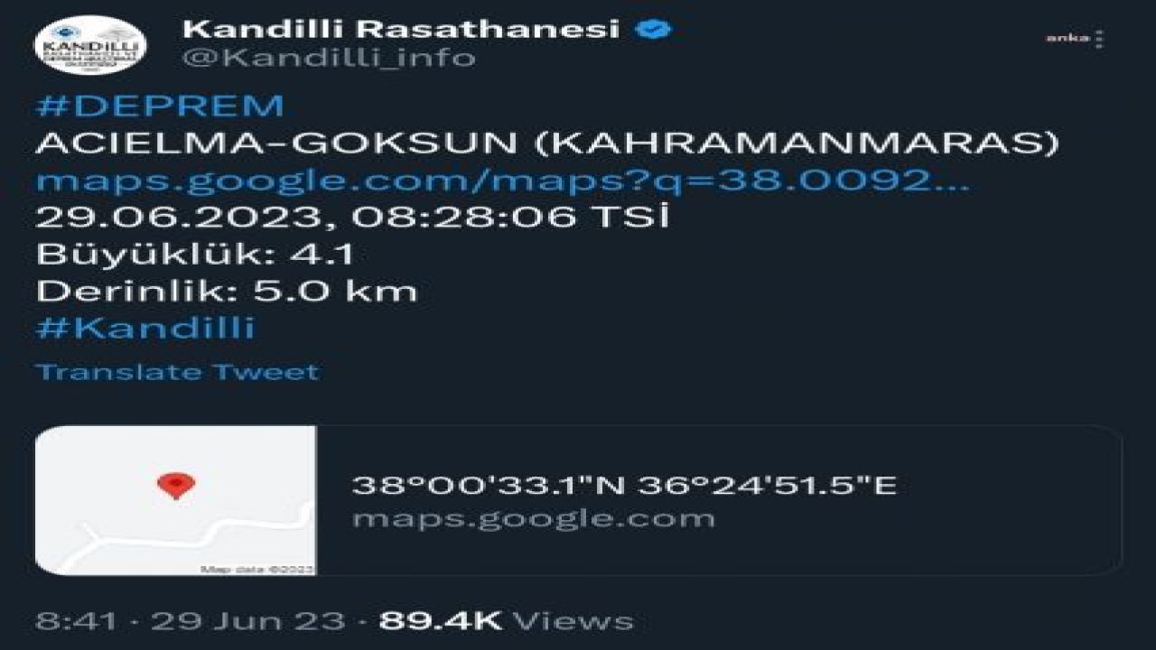 KAHRAMANMARAŞ GÖKSUN'DA 4,3 BÜYÜKLÜĞÜNDE DEPREM OLDU