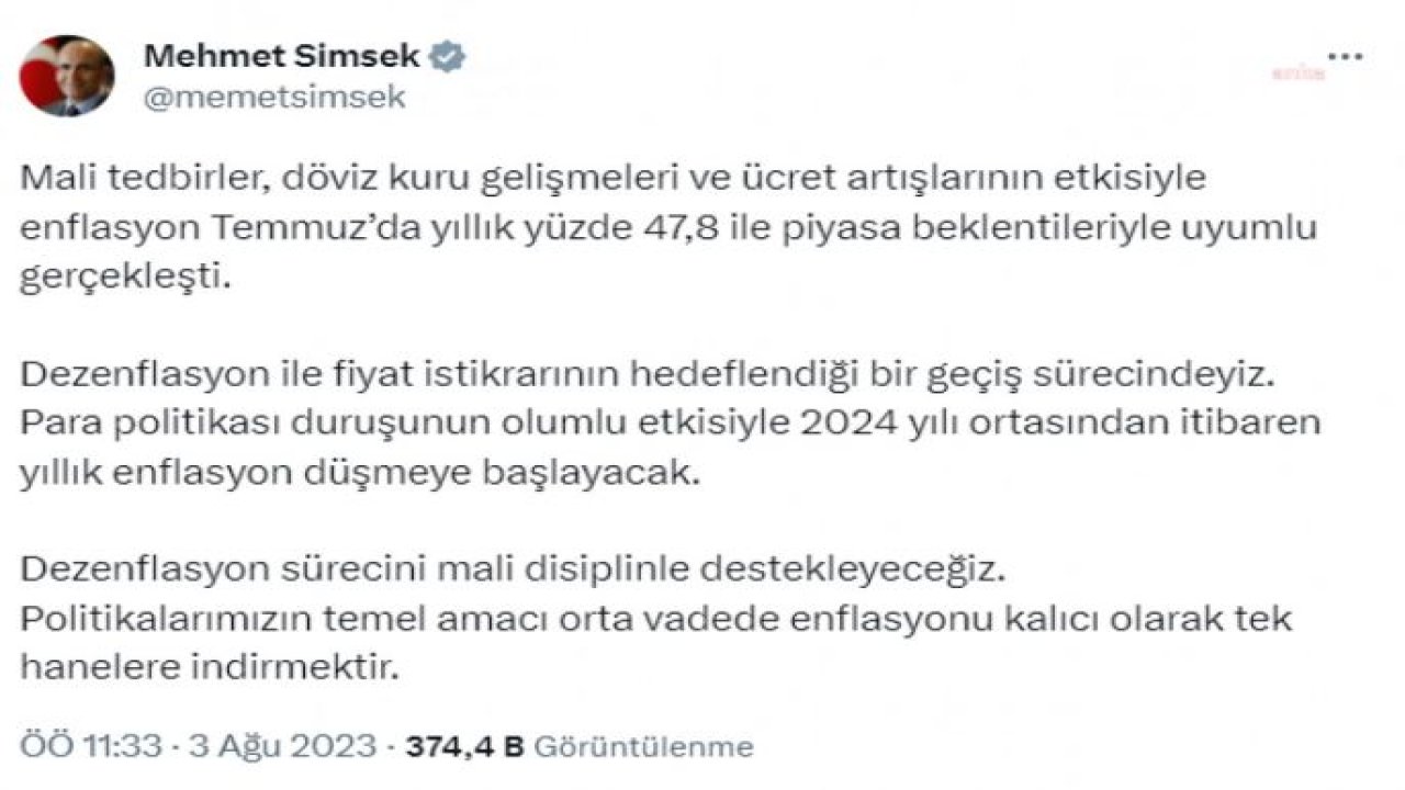 BAKAN ŞİMŞEK: "2024 YILI ORTASINDAN İTİBAREN YILLIK ENFLASYON DÜŞMEYE BAŞLAYACAK"