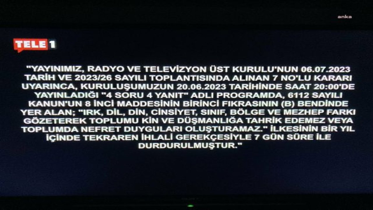 RTÜK CEZASI UYGULANMAYA BAŞLADI: TELE 1 TV EKRANI 7 GÜN BOYUNCA KARARTILACAK