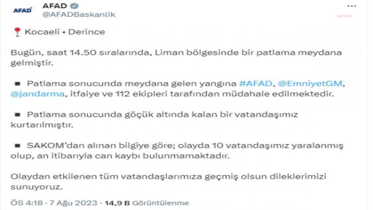 AFAD: "PATLAMA SONUCUNDA GÖÇÜK ALTINDA KALAN BİR VATANDAŞIMIZ KURTARILMIŞTIR"