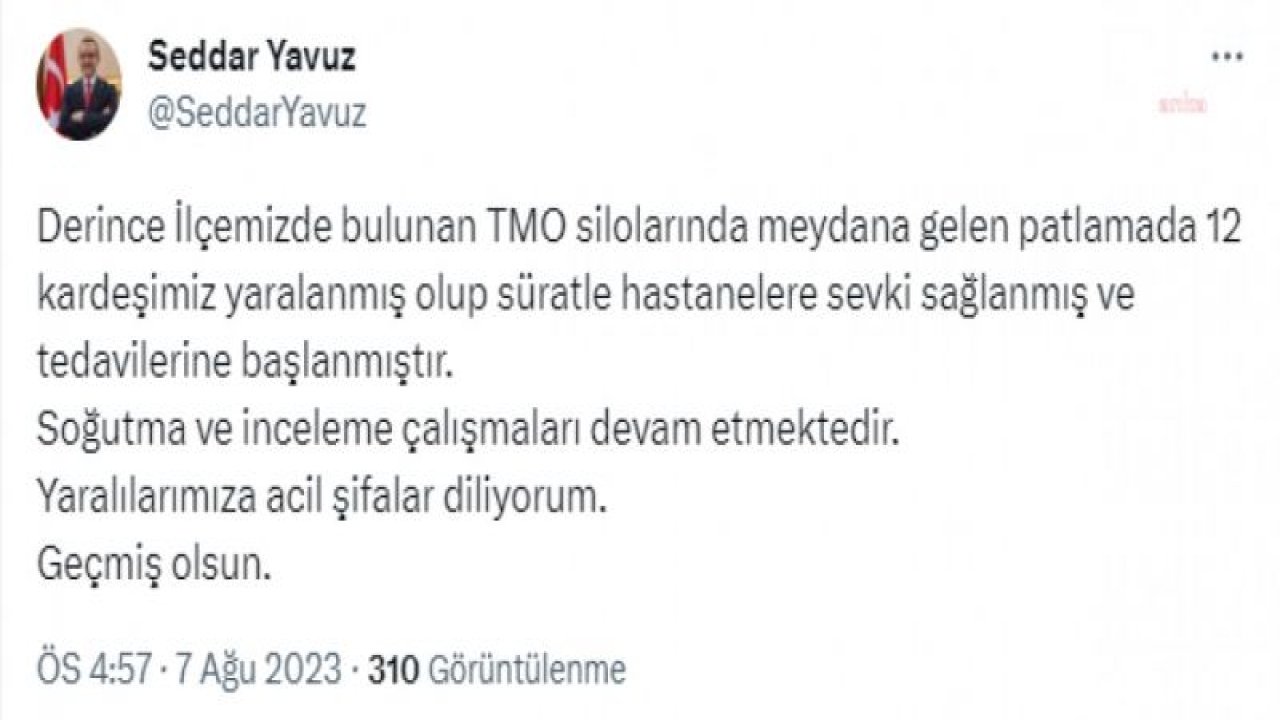 KOCAELİ VALİSİ YAVUZ: “TMO SİLOLARINDA MEYDANA GELEN PATLAMADA 12 KARDEŞİMİZ YARALANMIŞ OLUP TEDAVİLERİNE BAŞLANMIŞTIR, SOĞUTMA ÇALIŞMALARI DEVAM ETMEKTEDİR”