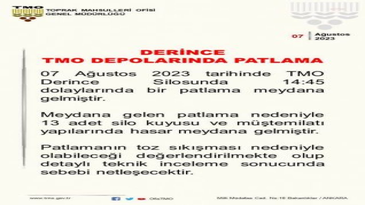 TMO GENEL MÜDÜRÜ GÜLDAL, PATLAMANIN OLDUĞU DERİNCE'YE GİDİYOR: "SİLOLARDA 50 BİN TON BUĞDAY MEVCUT, NE KADARI ZARAR GÖRDÜ BELLİ DEĞİL"