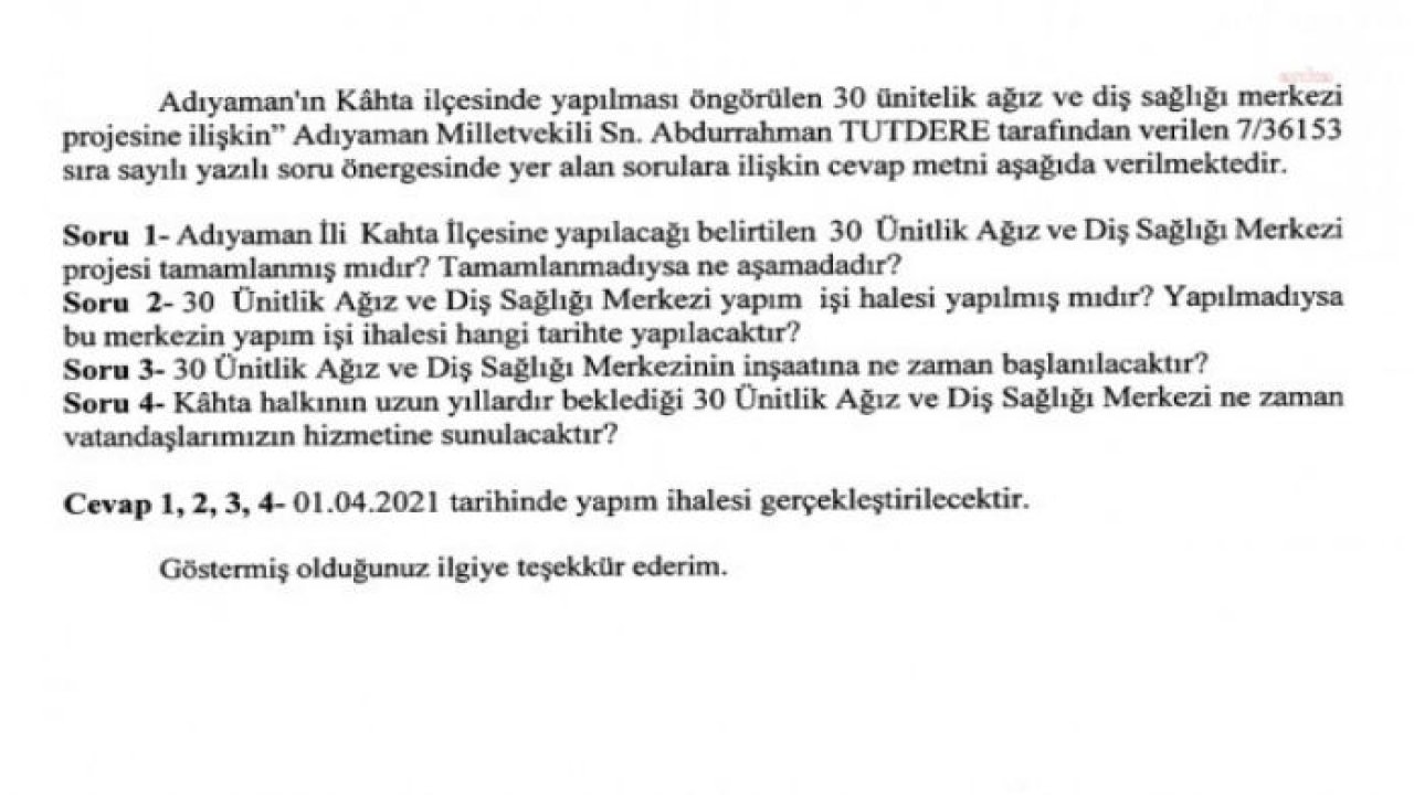 SAĞLIK BAKANLIĞI, ADIYAMAN KAHTA’DA; İHALESİ İKİ YIL ÖNCE YAPILSA DA İNŞAATI BAŞLAMAYAN AĞIZ VE DİŞ SAĞLIĞI MERKEZİ İÇİN YENİDEN İHALE AÇTI