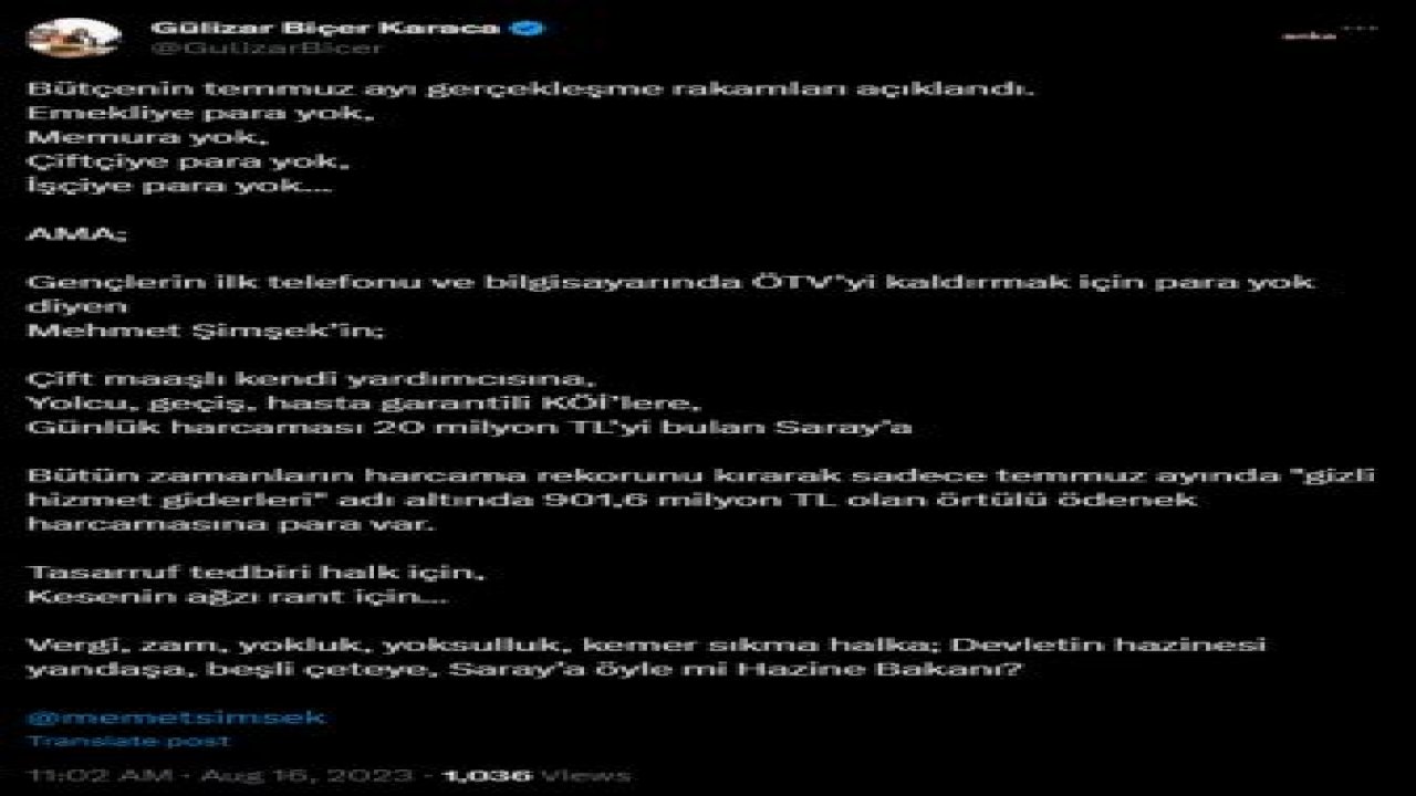 GÜLİZAR BİÇER KARACA'DAN BAKAN ŞİMŞEK'E: VERGİ, ZAM, YOKLUK, YOKSULLUK, KEMER SIKMA HALKA; DEVLETİN HAZİNESİ YANDAŞA, BEŞLİ ÇETEYE, SARAY’A ÖYLE Mİ HAZİNE BAKANI