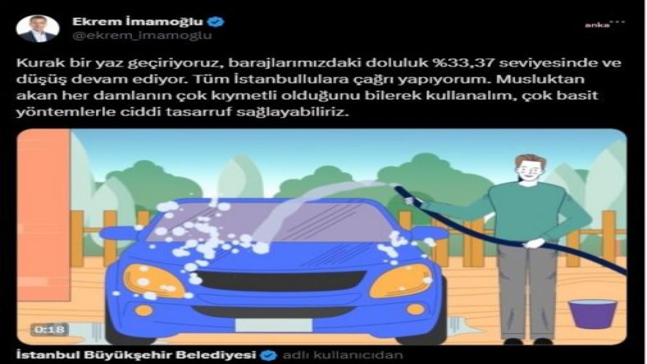 İMAMOĞLU’NDAN SU TASARRUFU ÇAĞRISI: "MUSLUKTAN AKAN HER DAMLANIN ÇOK KIYMETLİ OLDUĞUNU BİLEREK KULLANALIM"