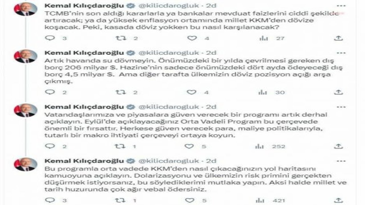 KILIÇDAROĞLU, MERKEZ BANKASI'NIN KKM KARARINI DEĞERLENDİRDİ: "BU ÜLKE BÖYLE BİR EKONOMİK YIKIM VE SOYKIRIMLA DAHA ÖNCE HİÇ KARŞILAŞMADI"