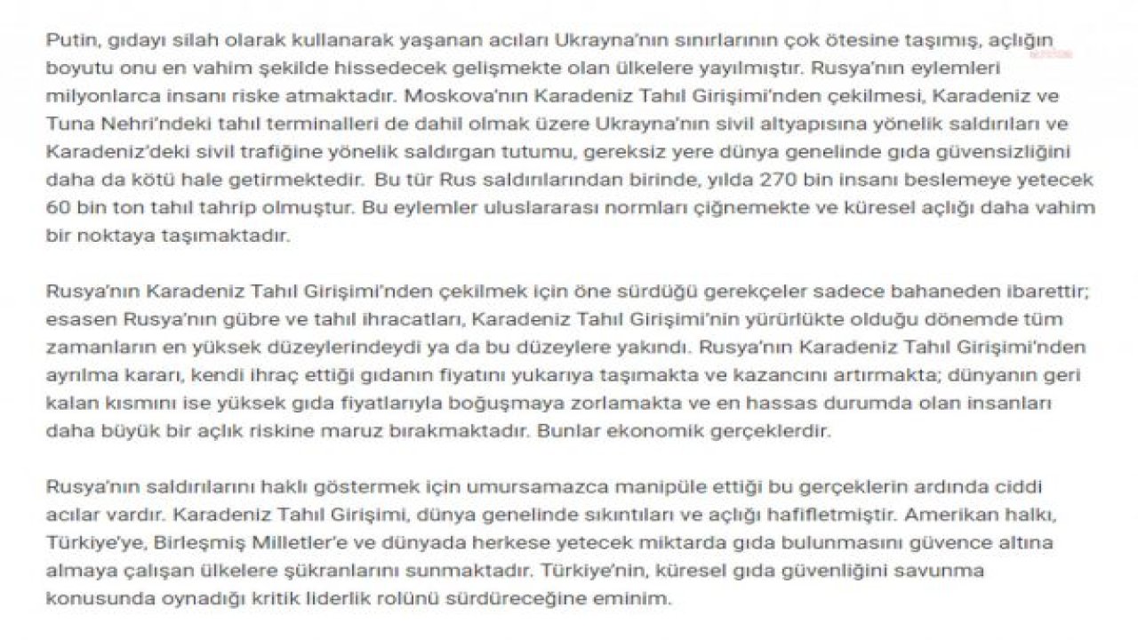 JEFFRY L. FLAKE: "TÜRKİYE’NİN, KÜRESEL GIDA GÜVENLİĞİNİ SAVUNMA KONUSUNDA OYNADIĞI KRİTİK LİDERLİK ROLÜNÜ SÜRDÜRECEĞİNE EMİNİM"