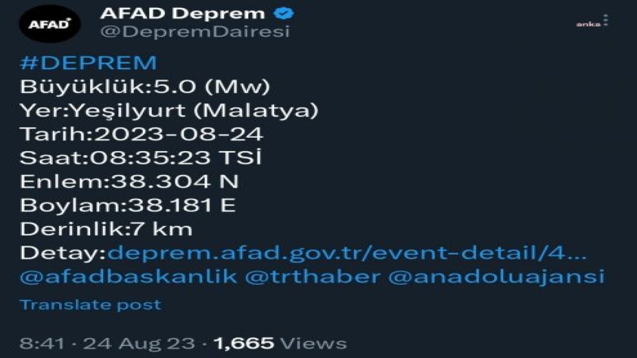 MALATYA YEŞİLYURT'TA 5 BÜYÜKLÜĞÜNDE DEPREM OLDU