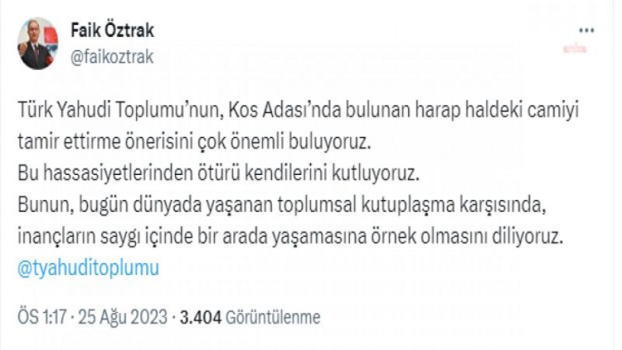 TÜRK YAHUDİ TOPLUMU’NDAN YUNANİSTAN BAŞBAKANI MİÇOTAKİS’E ÇAĞRI: “İSTANKÖY CAMİ'NİN YENİDEN İNŞASINA İZİN VERİRSENİZ GÖNÜLLÜ OLARAK ÇALIŞIRIZ”