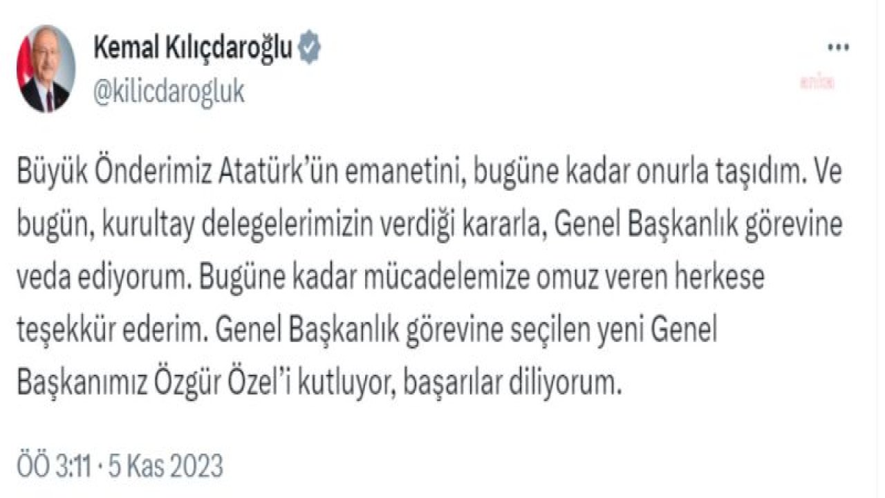 KILIÇDAROĞLU: GENEL BAŞKANLIK GÖREVİNE SEÇİLEN YENİ GENEL BAŞKANIMIZ ÖZGÜR ÖZEL’İ KUTLUYOR, BAŞARILAR DİLİYORUM