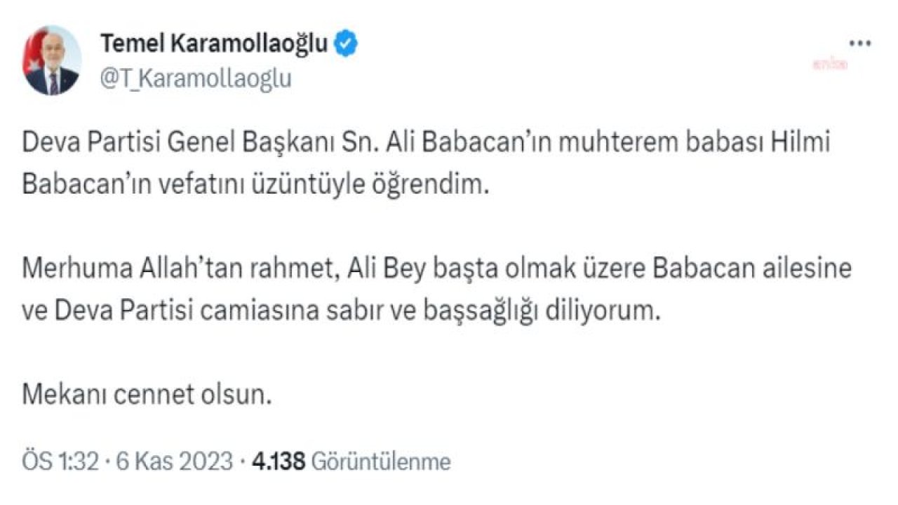 ALİ BABACAN’IN BABASI HİLMİ BABACAN HAYATINI KAYBETTİ