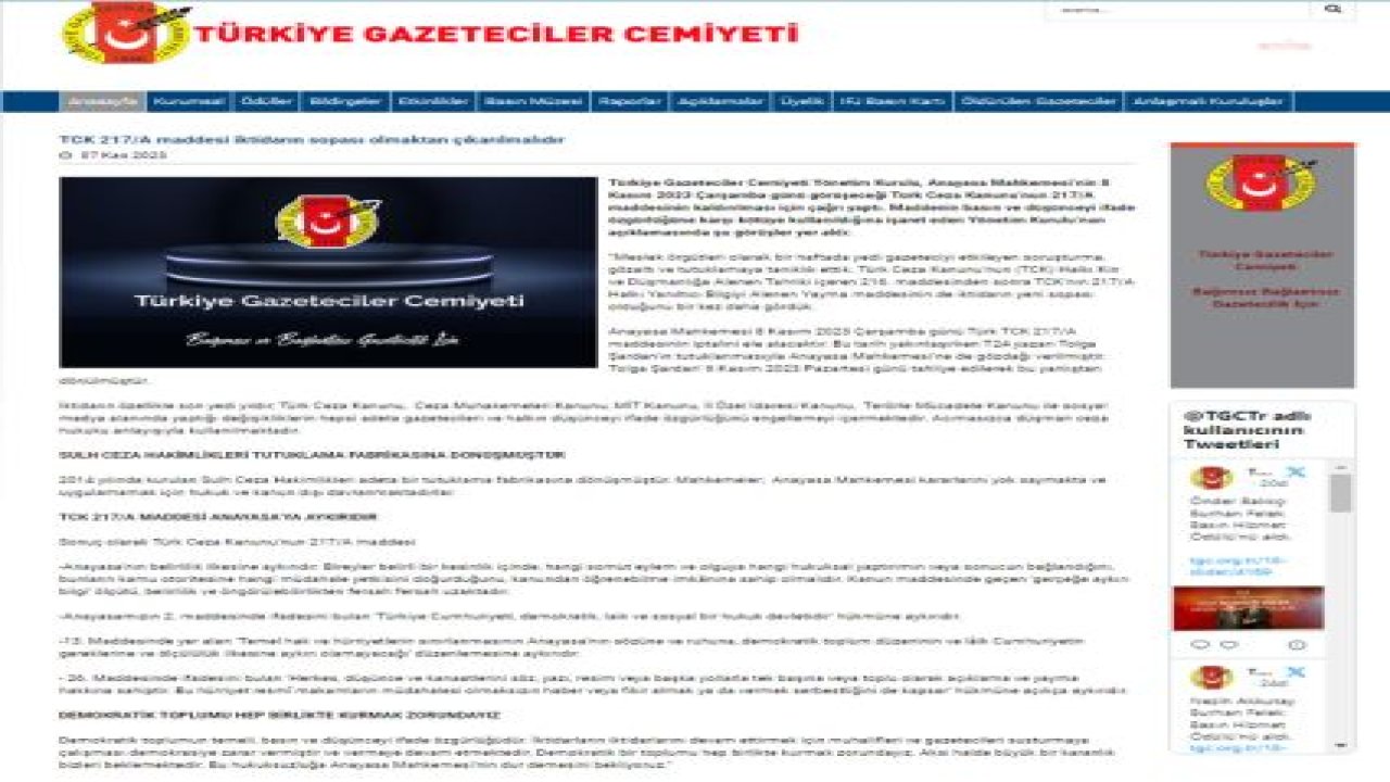 TÜRKİYE GAZETECİLER CEMİYETİ: “SULH CEZA HAKİMLİKLERİ BİR TUTUKLAMA FABRİKASINA DÖNÜŞMÜŞTÜR. TCK’NIN 217/A MADDESİ; ANAYASA’NIN BELİRLİLİK İLKESİNE AYKIRIDIR. BU HUKUKSUZLUĞA ANAYASA MAHKEMESİ’NİN DUR DEMESİNİ BEKLİYORUZ”