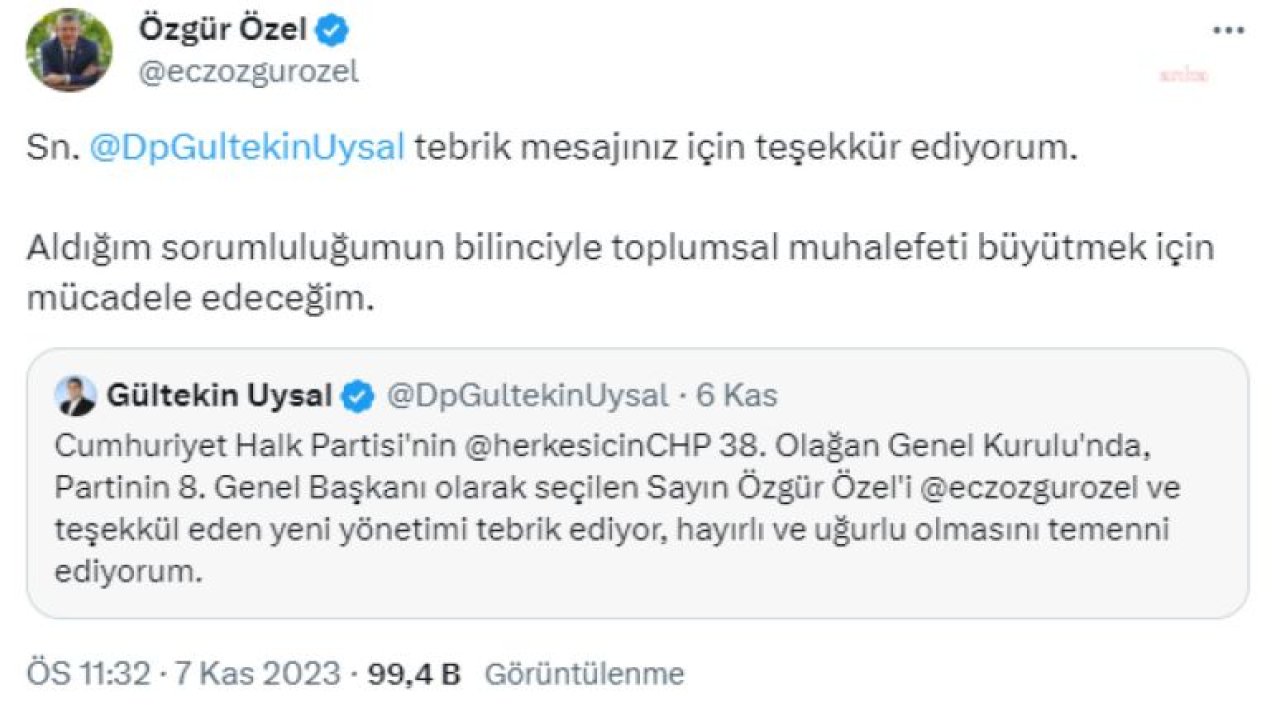 ÖZGÜR ÖZEL'DEN KENDİSİNİ TEBRİK EDEN PARTİ GENEL BAŞKANLARINA TEŞEKKÜR MESAJI