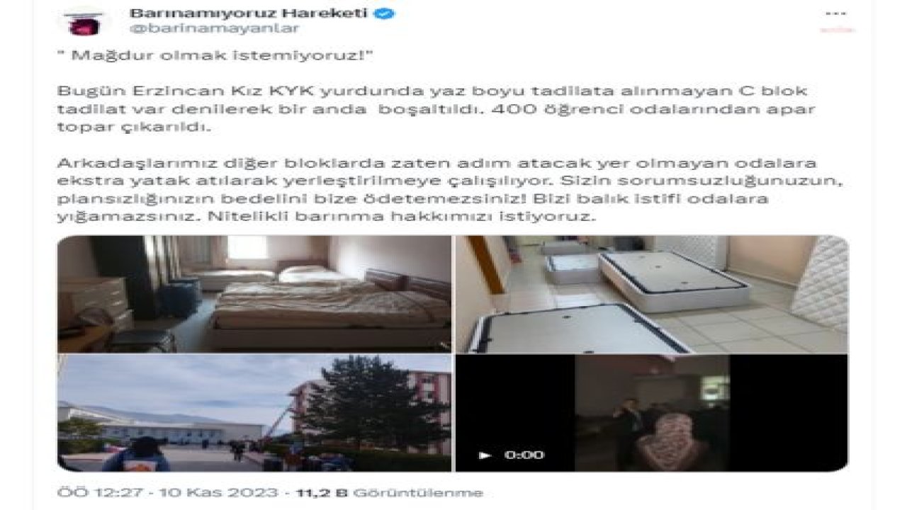 BARINAMIYORUZ HAREKETİ: “ERZİNCAN KIZ KYK YURDU ÖĞRENCİLERİNDEN 400’Ü TADİLAT GEREKÇESİYLE ODALARINI BOŞALTMAK ZORUNDA KALDI”