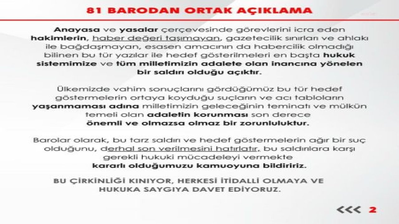 81 BARODAN ORTAK AÇIKLAMA: “ANAYASA YARGISININ TARİHSEL GELİŞİMİNİ, FONKSİYONUNU VE HUKUK SİSTEMİNDEKİ KONUMUNU HİÇE SAYAN SÖYLEMLER MEVCUT ANAYASAL SİSTEMİMİZE AÇIK BİR SALDIRIDIR”