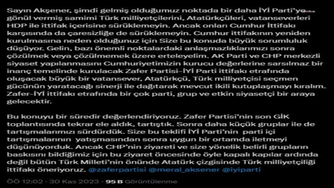 ÜMİT ÖZDAĞ'DAN MERAL AKŞENER'E İTTİFAK TEKLİFİ: "BÜTÜN TÜRK MİLLETİNİN ÖNÜNDE ATATÜRK ÇİZGİSİNDE TÜRK MİLLİYETÇİLİĞİ İTTİFAKI ÖNERİYORUZ"