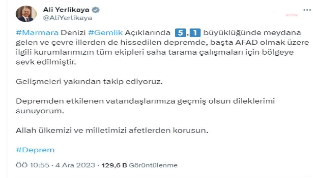 İÇİŞLERİ BAKANI YERLİKAYA’DAN DEPREM AÇIKLAMASI: “KURUMLARIMIZIN TÜM EKİPLERİ SAHA TARAMA ÇALIŞMALARI İÇİN BÖLGEYE SEVK EDİLMİŞTİR”