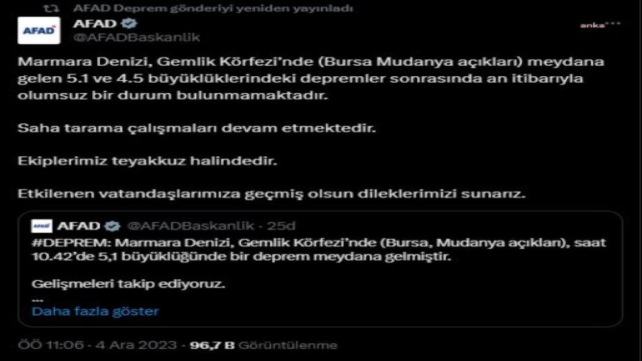 AFAD: GEMLİK KÖRFEZİ’NDE DEPREMLER SONRASINDA OLUMSUZ BİR DURUM BULUNMAMAKTADIR. SAHA TARAMA ÇALIŞMALARI DEVAM ETMEKTEDİR