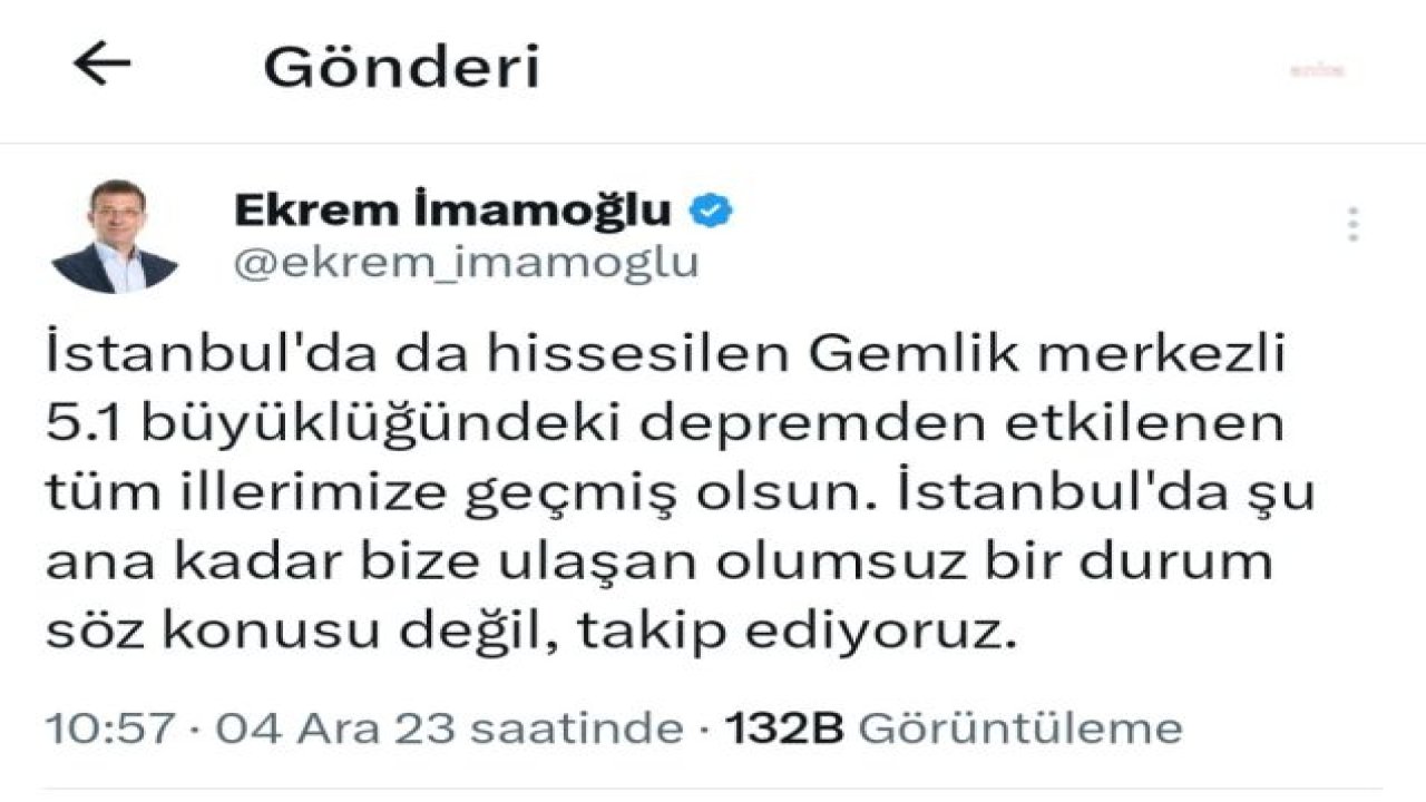 İMAMOĞLU’NDAN DEPREM AÇIKLAMASI: “İSTANBUL’DA ŞU ANA KADAR BİZE ULAŞAN OLUMSUZ DURUM YOK, TAKİP EDİYORUZ”