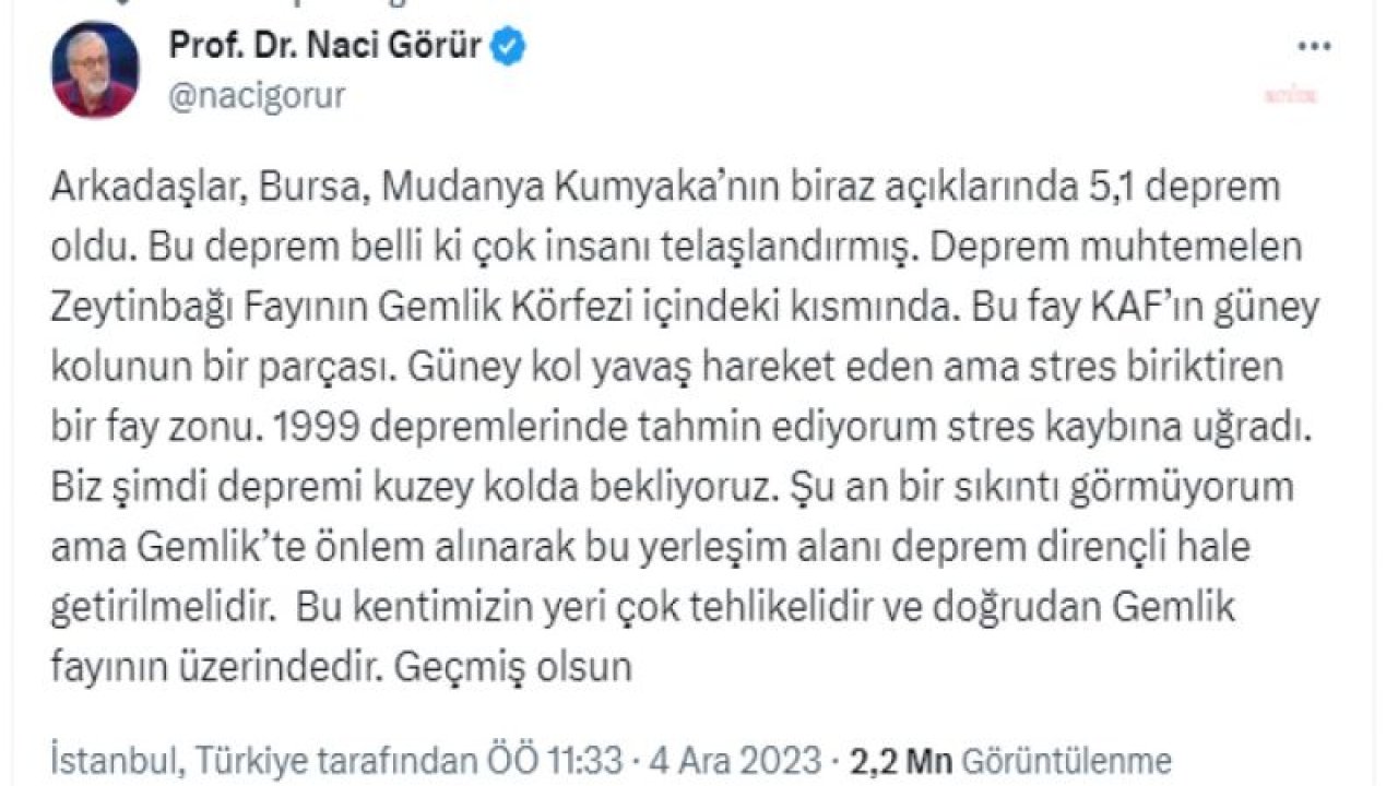 PROF. DR. NACİ GÖRÜR: “GEMLİK’TE ÖNLEM ALINARAK YERLEŞİM ALANI DEPREME DİRENÇLİ HALE GETİRİLMELİDİR. BU KENTİMİZİN YERİ ÇOK TEHLİKELİDİR”