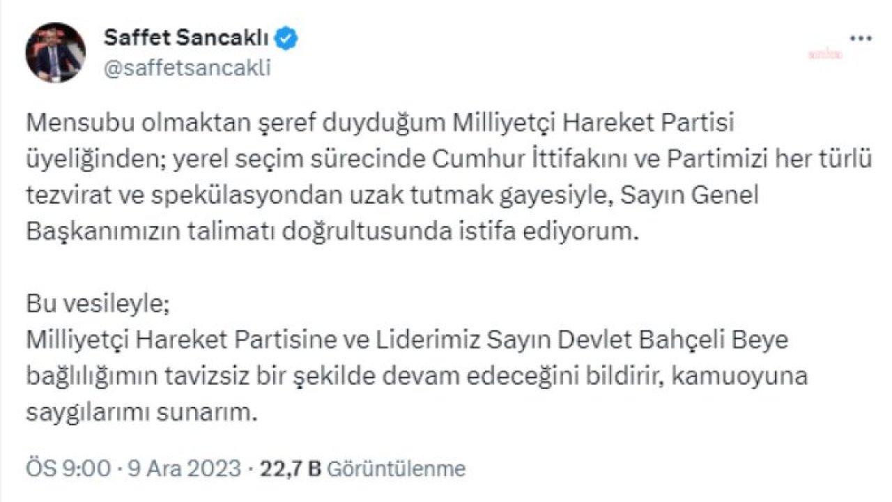 MHP KOCAELİ MİLLETVEKİLİ SAFFET SANCAKLI PARTİSİNDEN İSTİFA ETTİ