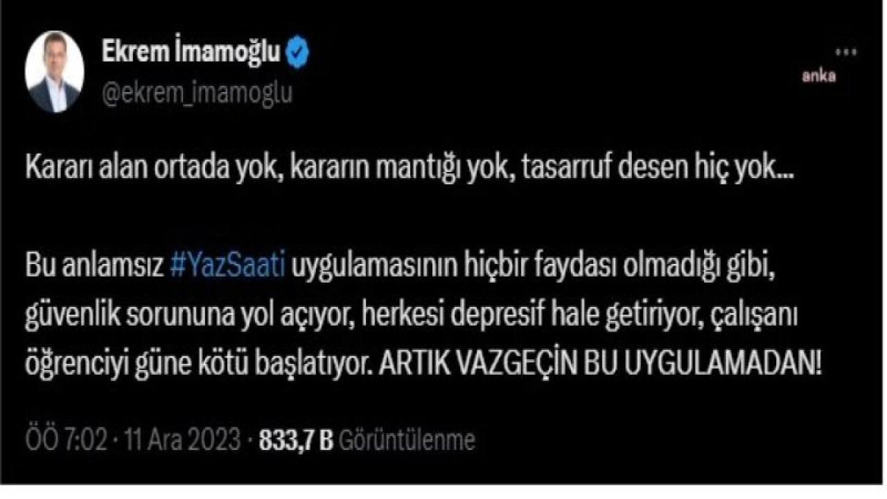 İMAMOĞLU’NDAN YAZ SAATİ UYGULAMASINA TEPKİ: "KARARI ALAN ORTADA YOK. KARARIN MANTIĞI YOK, TASARRUF DESEN HİÇ YOK"