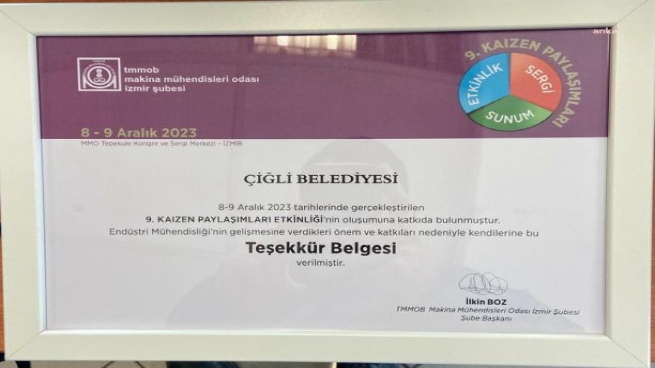 ÇİĞLİ BELEDİYESİ'NE TEŞEKKÜR BELGESİ