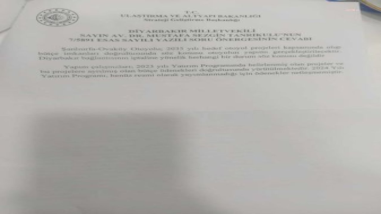 SEZGİN TANRIKULU: 2035 YILINDAN ÖNCE DİYARBAKIR’DA OTOBANLA BAĞLANTILI HERHANGİ BİR GELİŞME OLMAYACAK