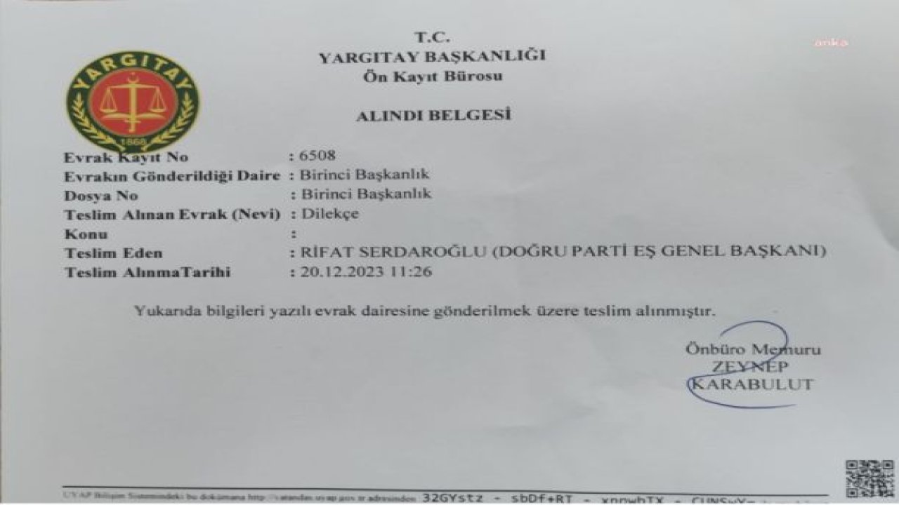 DOĞRU PARTİ GENEL BAŞKANI SERDAROĞLU'NDAN , 'TARİKAT VE CEMAATLERLE PROTOKOL YAPMAYA DEVAM EDECEĞİZ' DİYEN BAKAN TEKİN İÇİN SORUŞTURMA BAŞLATMAYAN YARGITAY BAŞSAVCISI HAKKINDA SUÇ DUYURUSU