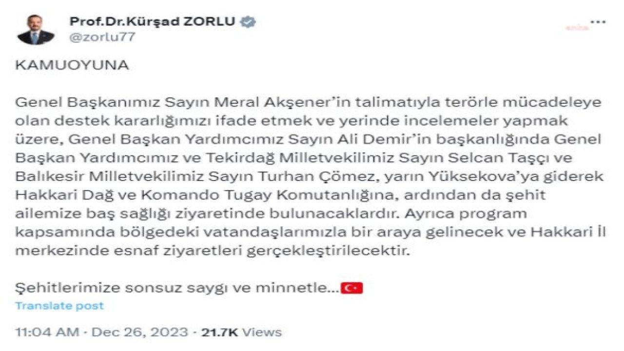 KÜRŞAD ZORLU, İYİ PARTİ HEYETİNİN HAKKARİ YÜKSEKOVA’YA GİDECEĞİNİ DUYURDU