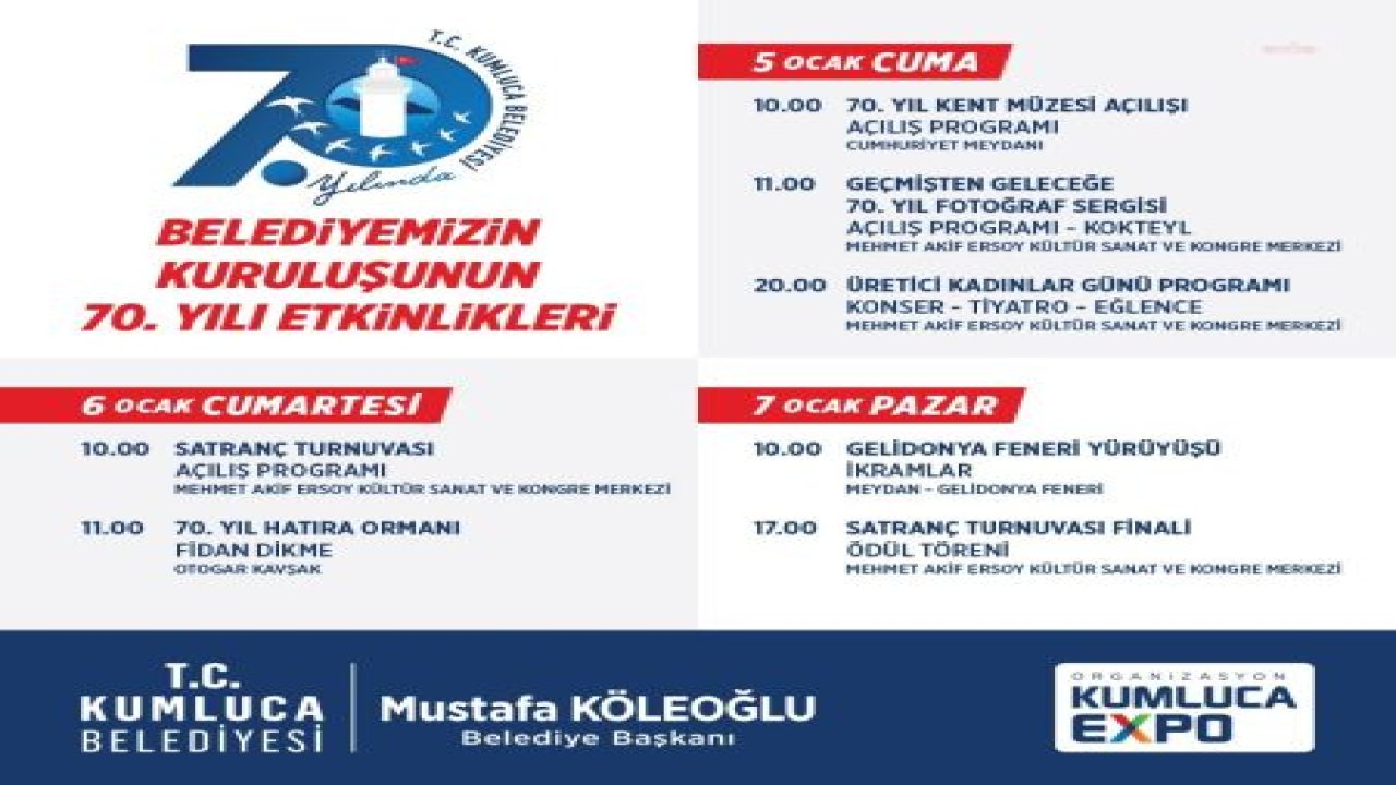 KUMLUCA BELEDİYESİ'NİN KURULUŞUNUN 70. YILI ETKİNLİKLERİ BAŞLIYOR