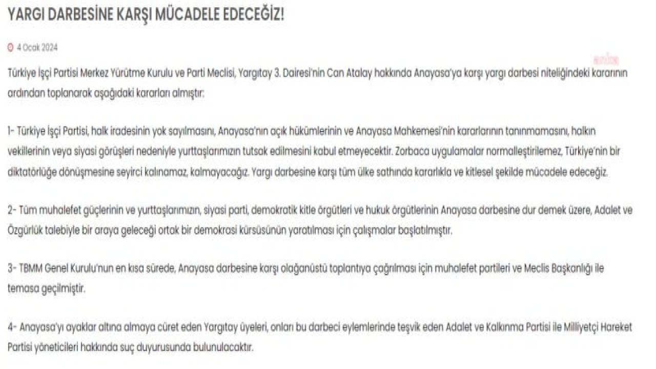 TİP: ANAYASA'YI AYAKLAR ALTINA ALMAYA CÜRET EDEN YARGITAY ÜYELERİ, ONLARI TEŞVİK EDEN AKP İLE MHP YÖNETİCİLERİ HAKKINDA SUÇ DUYURUSUNDA BULUNULACAKTIR