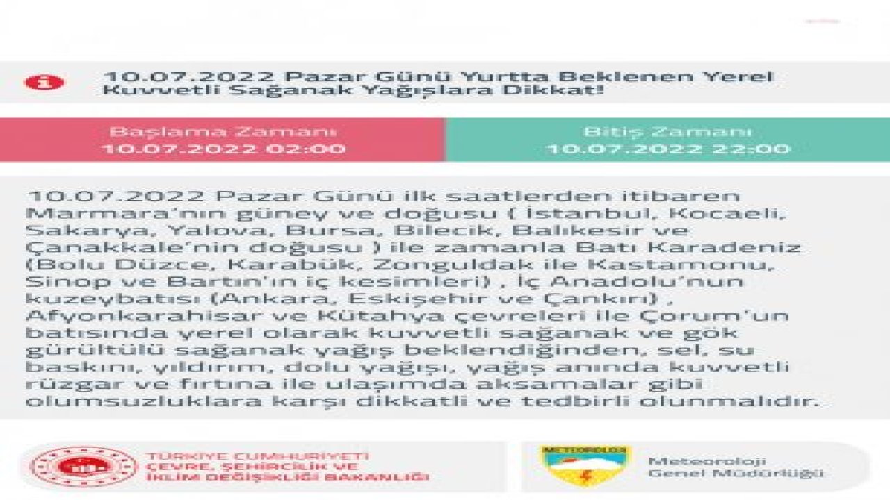 METEOROLOJİ UYARDI: YARIN MARMARA’NIN GÜNEY VE DOĞUSU İLE BATI KARADENİZ, İÇ ANADOLU’NUN KUZEYBATISI’NDA KUVVETLİ YAĞIŞ BEKLENİYOR