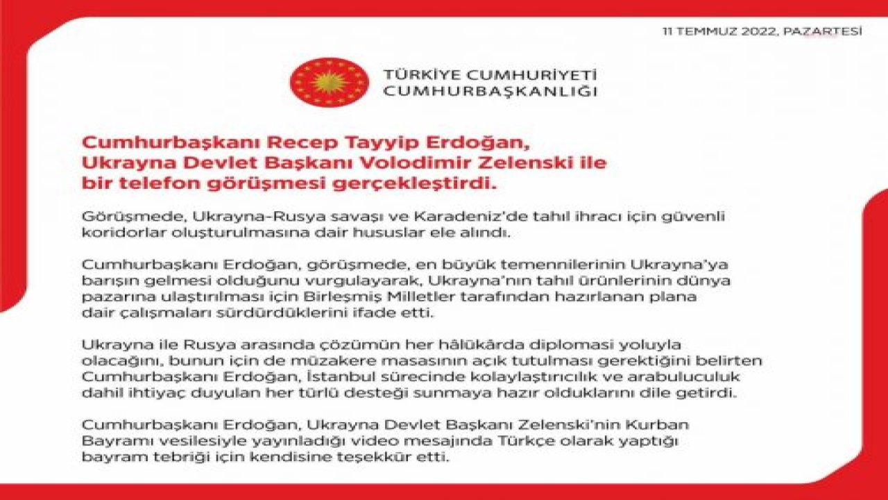 ERDOĞAN, UKRAYNA DEVLET BAŞKANI ZELENSKİ İLE TELEFONDA GÖRÜŞTÜ