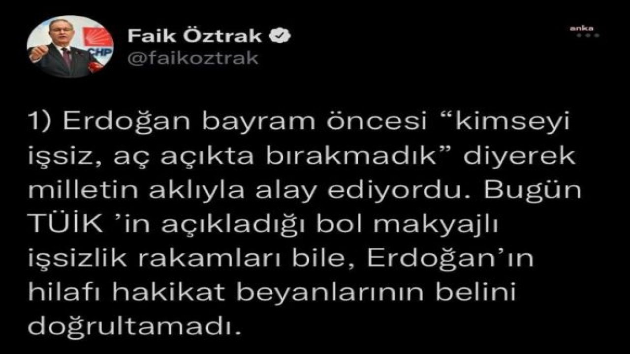 CHP SÖZCÜSÜ ÖZTRAK: TÜİK’İN BOL MAKYAJLI İŞSİZLİK RAKAMLARI BİLE ERDOĞAN’IN HİLAFI HAKİKAT BEYANLARININ BELİNİ DOĞRULTAMADI