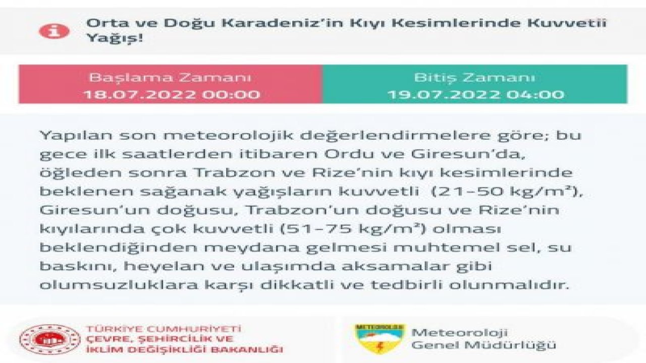 METEOROLOJİ UYARDI: ORTA VE DOĞU KARADENİZ’İN KIYI KESİMLERİNDE KUVVETLİ YAĞIŞ BEKLENİYOR