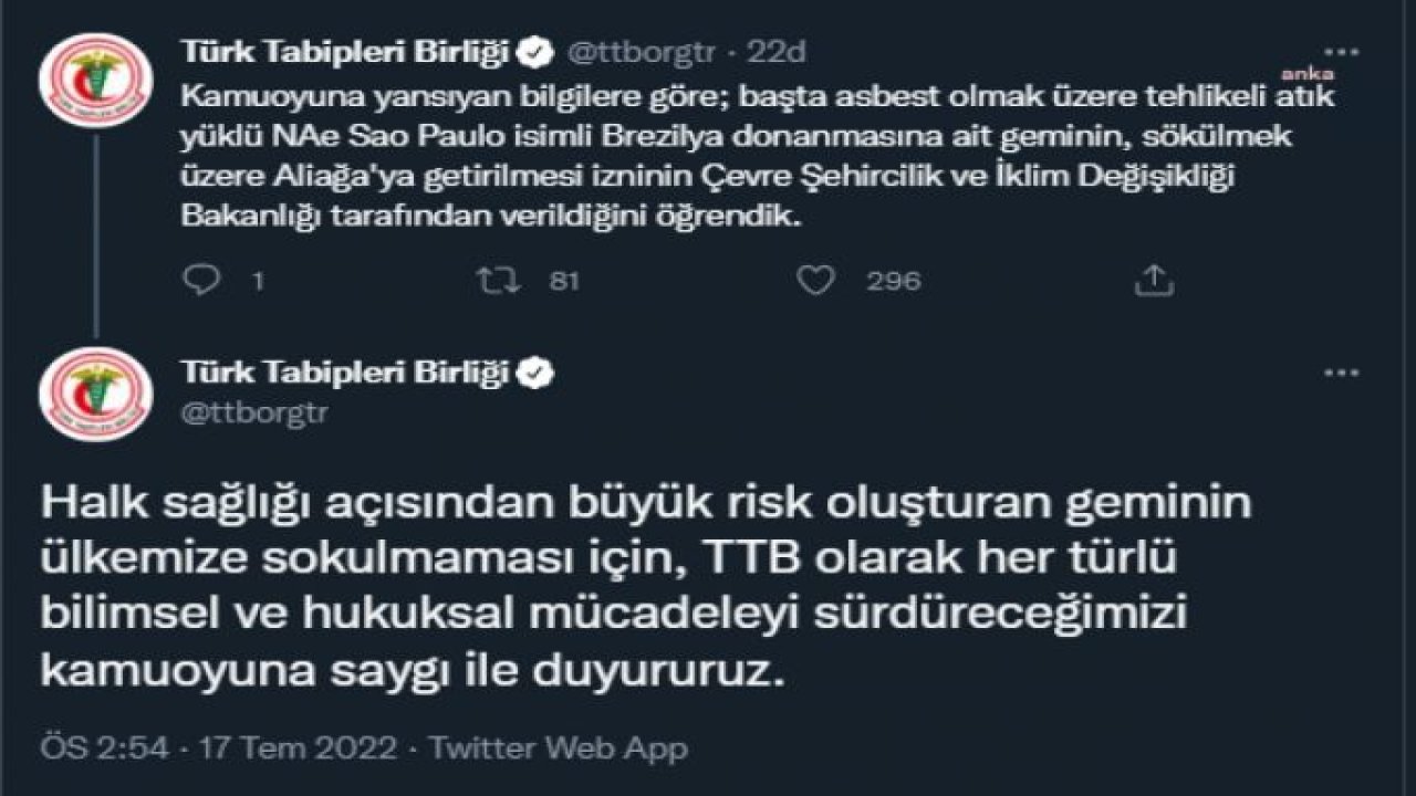 TTB: "ASBESTLİ GEMİ NAE SAO PAULO'NUN ÜLKEMİZE SOKULMAMASI İÇİN MÜCADELE EDECEĞİZ"