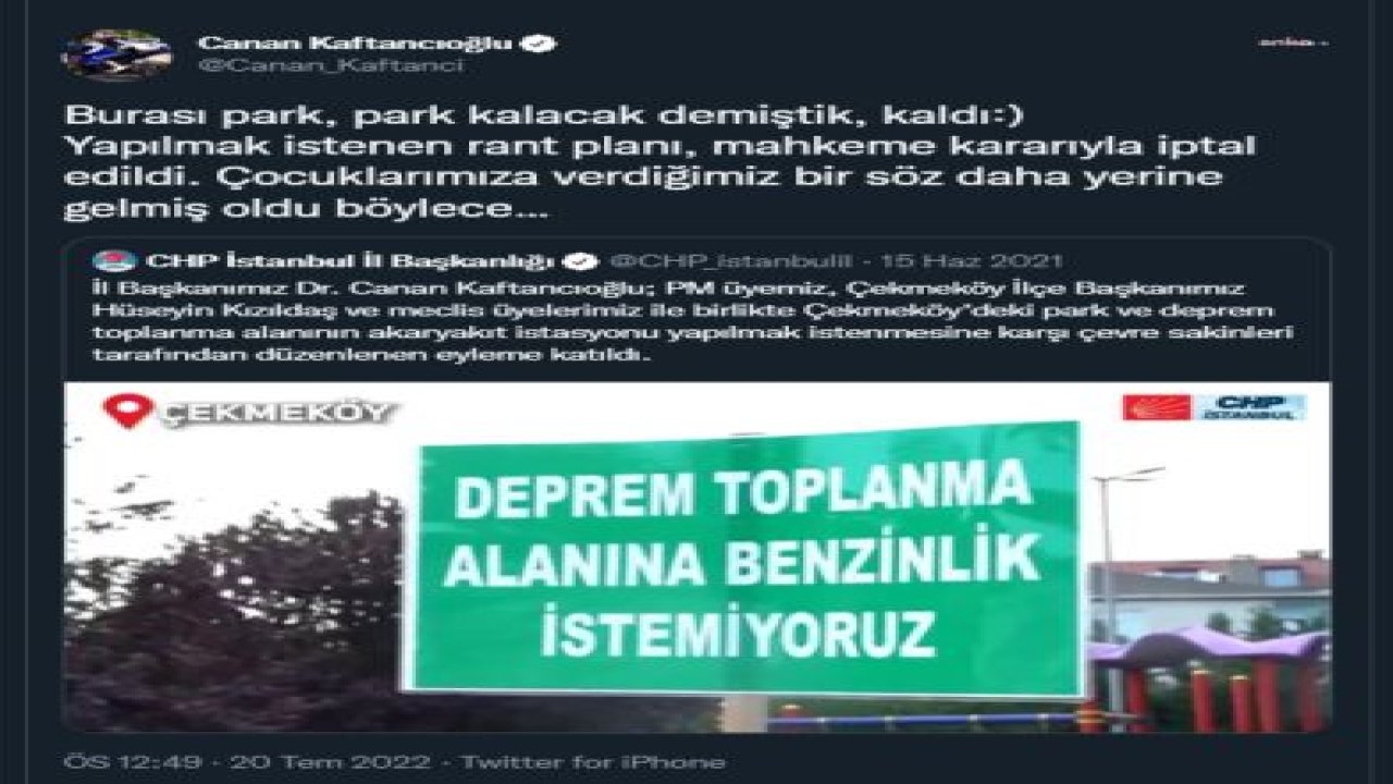 KAFTANCIOĞLU'NDAN ÇEKMEKÖYDE YIKIMI DURDURULAN PARK AÇIKLAMASI: "PARK KALACAK DEMİŞTİK, KALDI"