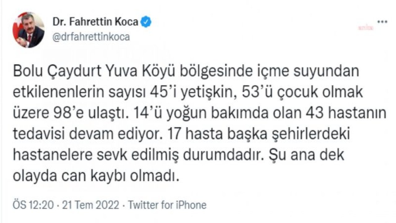 BAKAN KOCA: YUVA KÖYÜ BÖLGESİNDE İÇME SUYUNDAN ETKİLENENLERİN SAYISI 45’İ YETİŞKİN, 53’Ü ÇOCUK OLMAK ÜZERE 98’E ULAŞTI