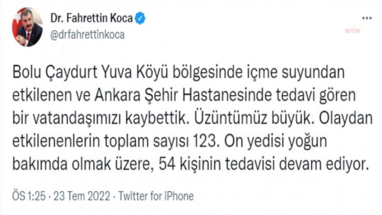 FAHRETTİN KOCA: "YUVA KÖYÜ BÖLGESİNDE İÇME SUYUNDAN ETKİLENEN VE TEDAVİ GÖREN BİR VATANDAŞIMIZI KAYBETTİK"