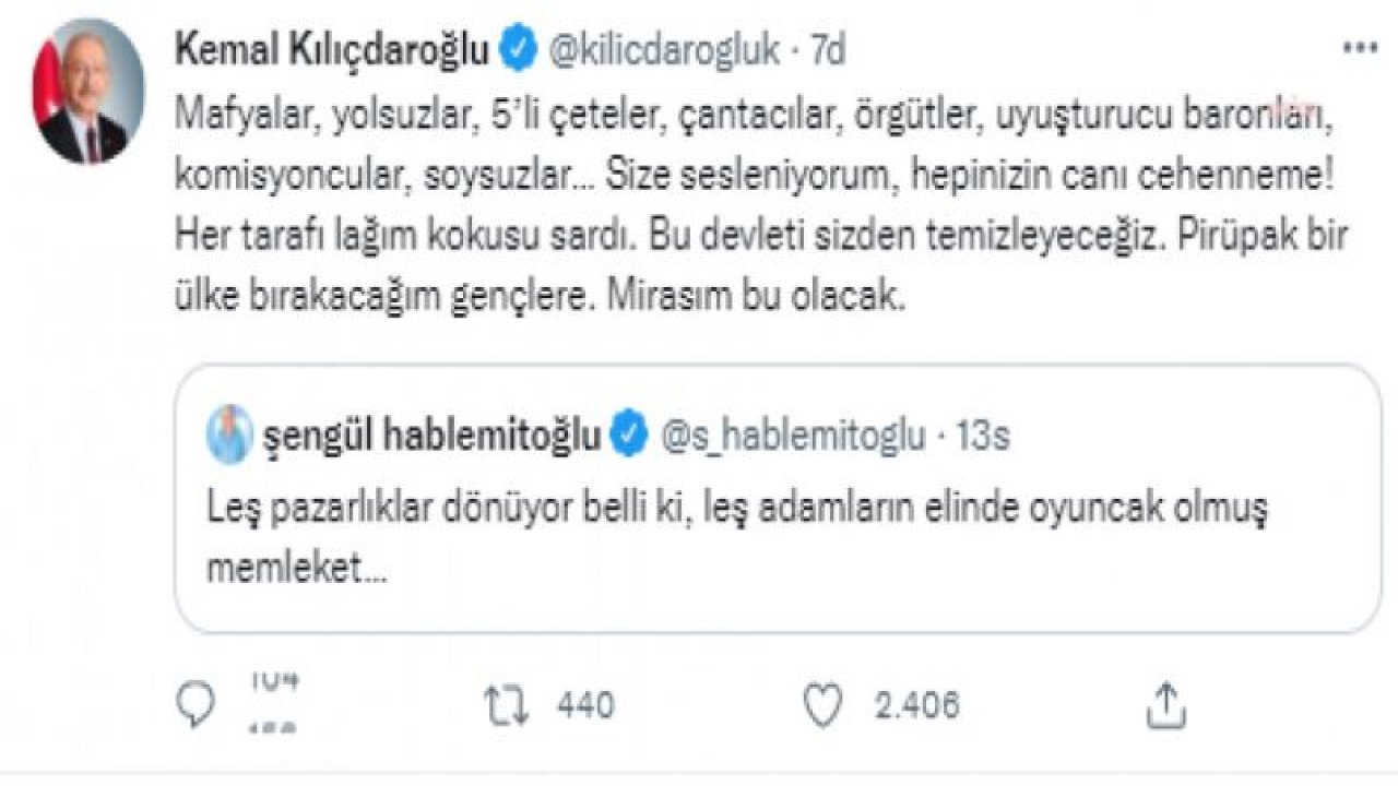 KILIÇDAROĞLU: “5'Lİ ÇETELER, ÇANTACILAR, ÖRGÜTLER, UYUŞTURUCU BARONLARI, KOMİSYONCULAR, SOYSUZLAR... BU DEVLETİ SİZDEN TEMİZLEYECEĞİZ”