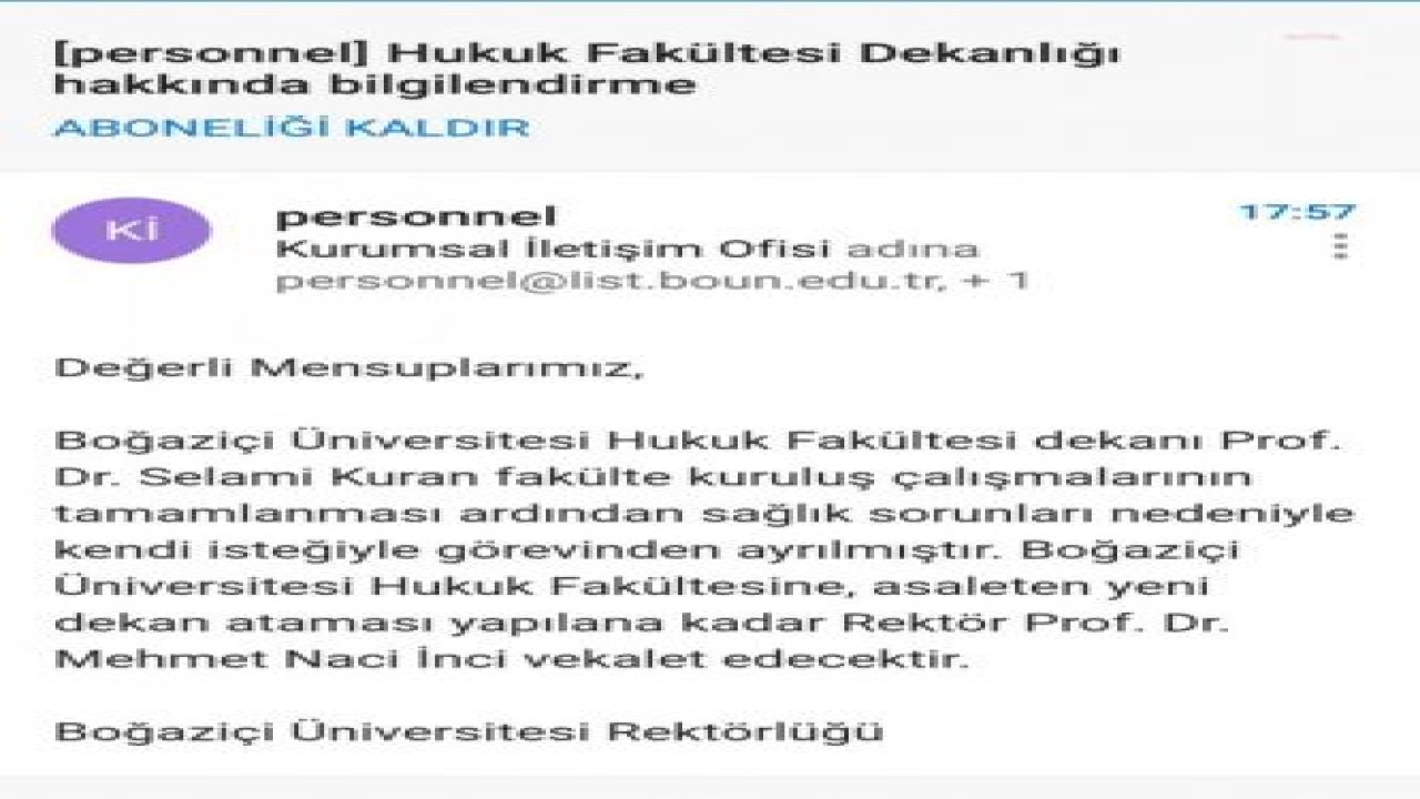 BOĞAZİÇİ ÜNİVERSİTESİ HUKUK FAKÜLTESİ DEKANI KURAN, İSTİFA ETTİ