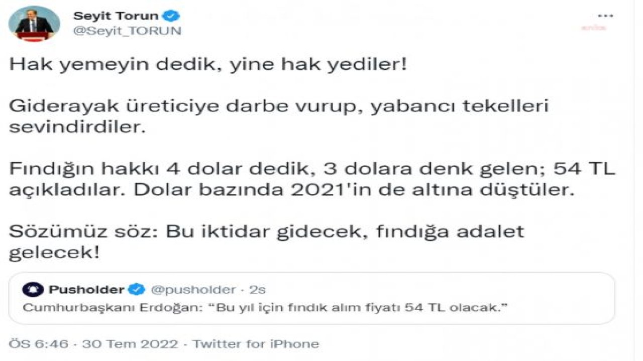 SEYİT TORUN: “KARADENİZLİNİN FINDIĞINI BAHÇEDE BIRAKMASINA SEBEP BU İKTİDAR SEÇİLMİŞ BAŞKAN TERZİ FİKRİ’YE SÖZ EDECEK HADDE SAHİP DEĞİLDİR”