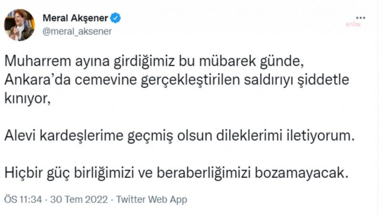 AKŞENER: “ALEVİ KARDEŞLERİME GEÇMİŞ OLSUN DİLEKLERİMİ İLETİYORUM. HİÇBİR GÜÇ, BİRLİĞİMİZİ VE BERABERLİĞİMİZİ BOZAMAYACAK”