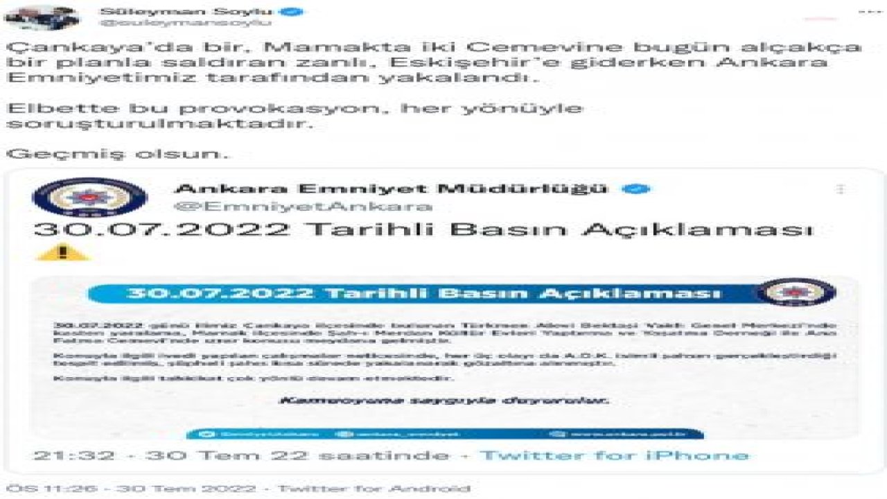 BAKAN SOYLU’DAN ALEVİ KURUMLARINA YAPILAN SALDIRI HAKKINDA AÇIKLAMA: “BU PROVOKASYON, HER YÖNÜYLE SORUŞTURULMAKTADIR”