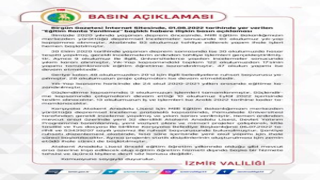 İZMİR VALİLİĞİ: "KARŞIYAKA ATAKENT ANADOLU LİSESİ MEVCUT ARSA ÜZERİNE İNŞA EDİLECEK, ÜÇÜNCÜ KİŞİLERE DEVRİ SÖZ KONUSU DEĞİL"