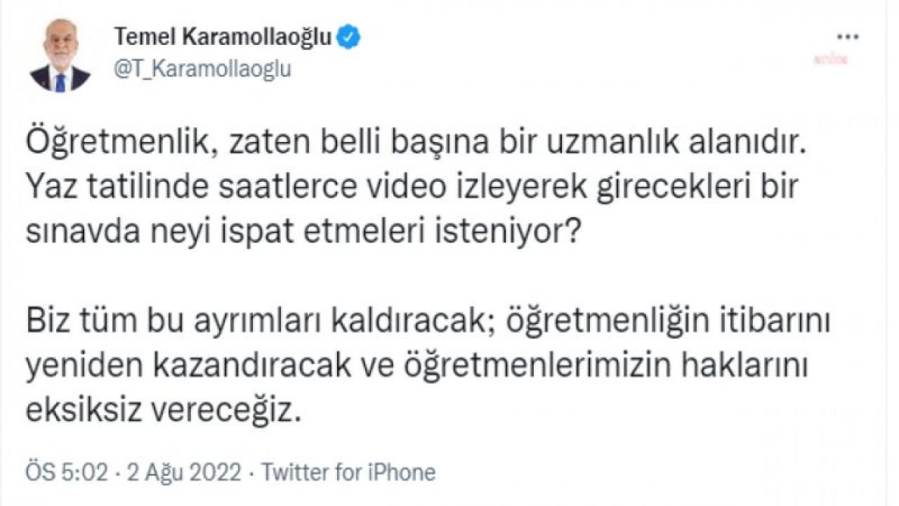 KARAMOLLAOĞLU: “ÖĞRETMENLİK, BELLİ BAŞINA BİR UZMANLIK ALANIDIR. YAZ TATİLİNDE VİDEO İZLEYEREK GİRECEKLERİ BİR SINAVDA NEYİ İSPAT ETMELERİ İSTENİYOR?"